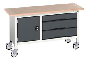 verso mobile storage bench (mpx) with cupboard / 3 drawer cab. WxDxH: 1500x600x830mm. RAL 7035/5010 or selected Verso Mobile Work Benches for assembly and production